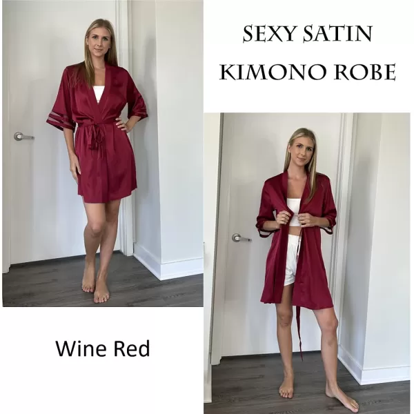 Ekouaer Womens Satin Robe Silk Kimono Bathrobe Bridesmaid Wedding Bridal Party Robes 34 Bell Sleeve Sleepwear SXXL05 Wine Red