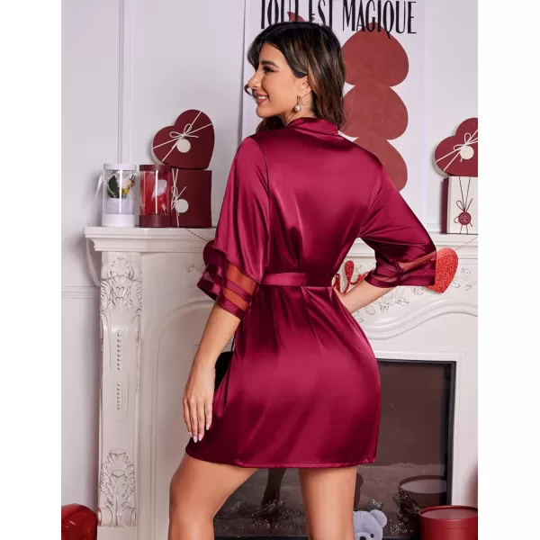 Ekouaer Womens Satin Robe Silk Kimono Bathrobe Bridesmaid Wedding Bridal Party Robes 34 Bell Sleeve Sleepwear SXXL05 Wine Red