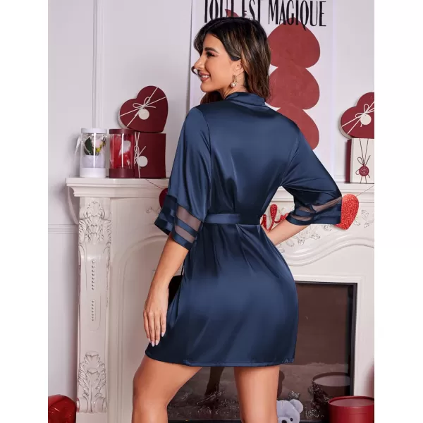 Ekouaer Womens Satin Robe Silk Kimono Bathrobe Bridesmaid Wedding Bridal Party Robes 34 Bell Sleeve Sleepwear SXXL06 Navy Blue