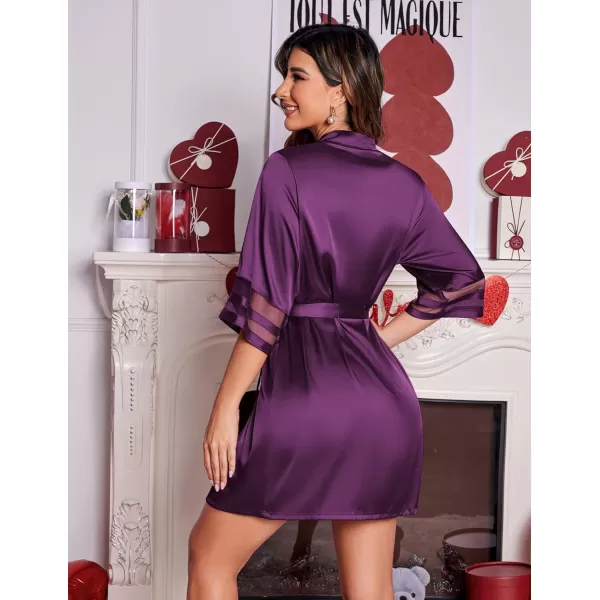 Ekouaer Womens Satin Robe Silk Kimono Bathrobe Bridesmaid Wedding Bridal Party Robes 34 Bell Sleeve Sleepwear SXXL07 Purple