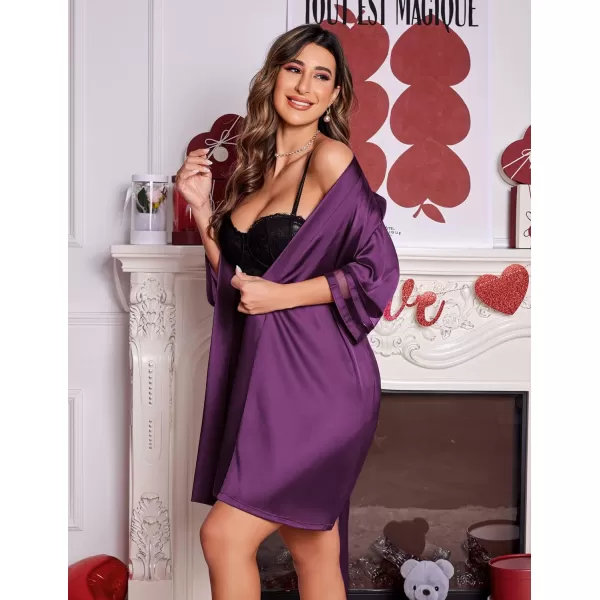 Ekouaer Womens Satin Robe Silk Kimono Bathrobe Bridesmaid Wedding Bridal Party Robes 34 Bell Sleeve Sleepwear SXXL07 Purple