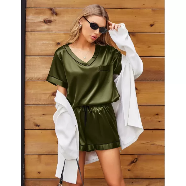 Ekouaer Womens Satin Short Sleeve VNeck Pajama SetArmy Green