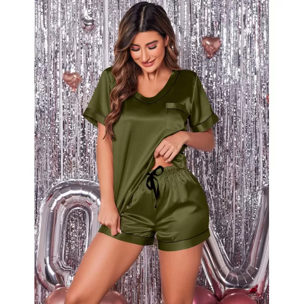 Ekouaer Womens Satin Short Sleeve VNeck Pajama SetArmy Green