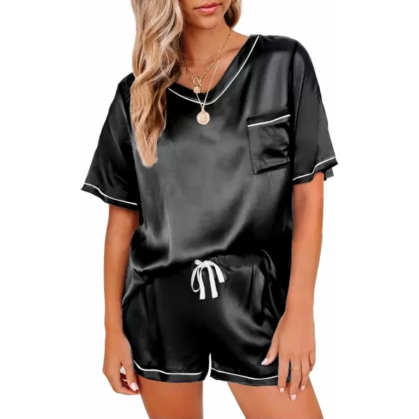 Ekouaer Womens Satin Short Sleeve VNeck Pajama SetBlack