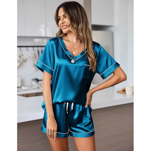 Ekouaer Womens Satin Short Sleeve VNeck Pajama SetBlue