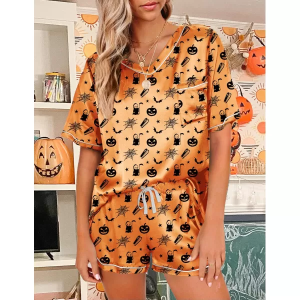 Ekouaer Womens Satin Short Sleeve VNeck Pajama SetHalloween