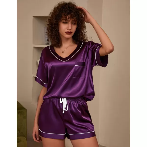 Ekouaer Womens Satin Short Sleeve VNeck Pajama SetPurple