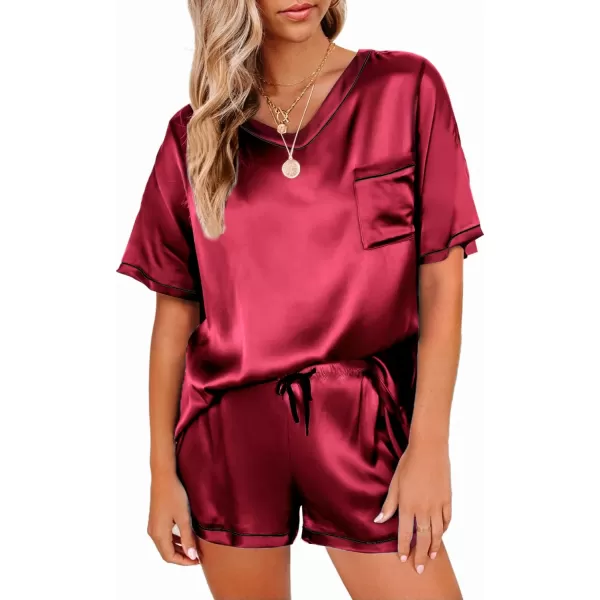 Ekouaer Womens Satin Short Sleeve VNeck Pajama SetWine Red