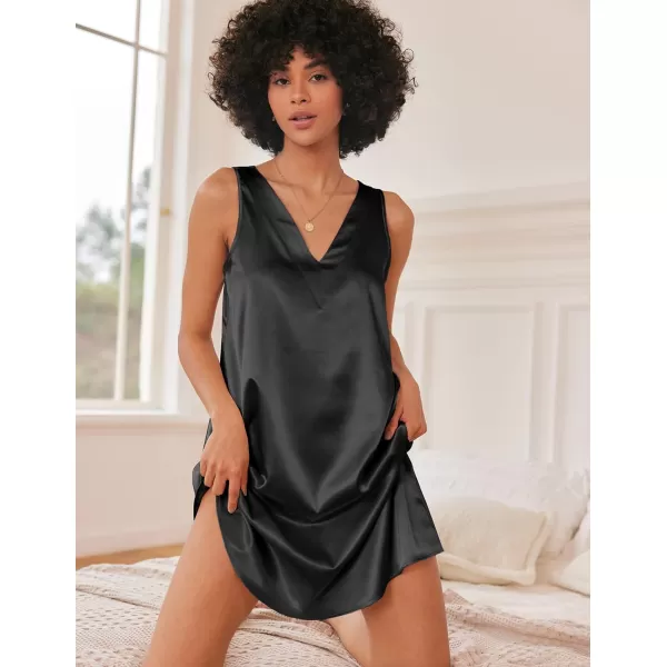 Ekouaer Womens Satin Silk Nightgown V Neck Nightie Tank Sleepshirt Sleeveless Summer Dress Comfy LoungewearBlack