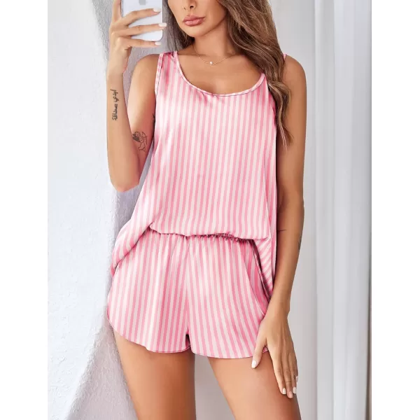 Ekouaer Womens Satin Silk Pajamas Back Split Tank Top and Shorts Silky Pj Set Sleepwear SXXLPink Stripes