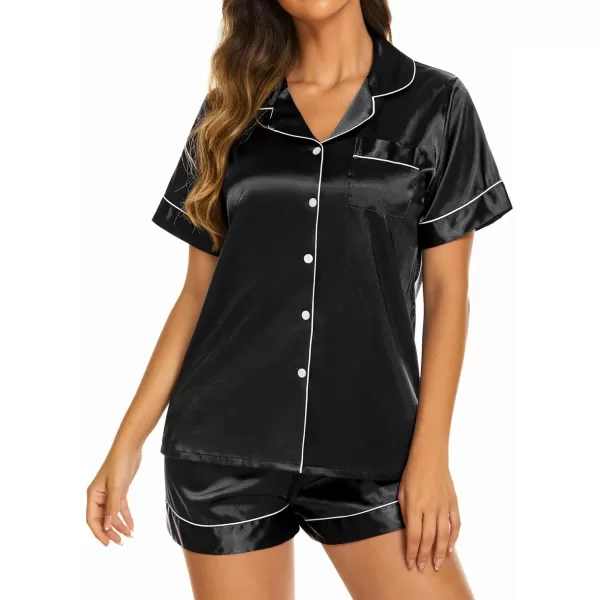 Ekouaer Womens Satin Silk Pajamas Set Short Sleeve Button Down Top and Shorts Sleepwear 2 Piece Pjs Set SXXLBlack