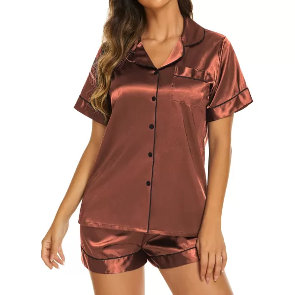 Ekouaer Womens Satin Silk Pajamas Set Short Sleeve Button Down Top and Shorts Sleepwear 2 Piece Pjs Set SXXLBrown