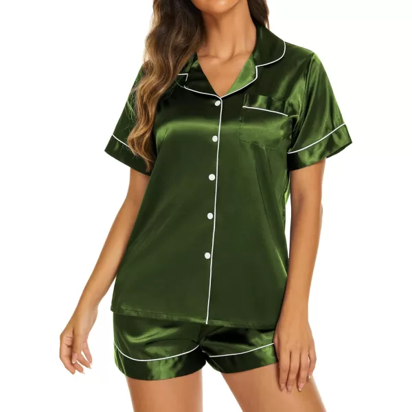 Ekouaer Womens Satin Silk Pajamas Set Short Sleeve Button Down Top and Shorts Sleepwear 2 Piece Pjs Set SXXLDark Army Green