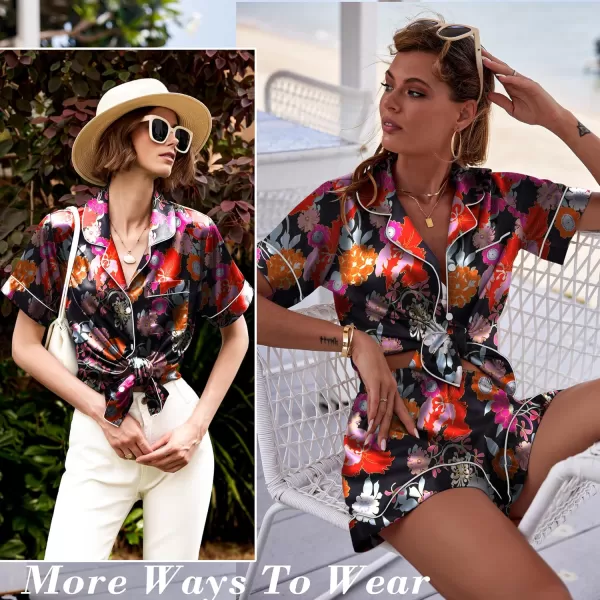 Ekouaer Womens Satin Silk Pajamas Set Short Sleeve Button Down Top and Shorts Sleepwear 2 Piece Pjs Set SXXLFloral Black