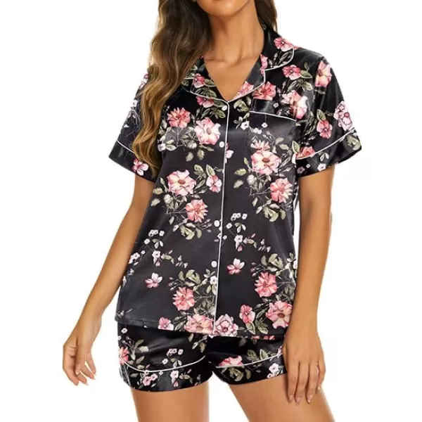 Ekouaer Womens Satin Silk Pajamas Set Short Sleeve Button Down Top and Shorts Sleepwear 2 Piece Pjs Set SXXLFloral Black Pink