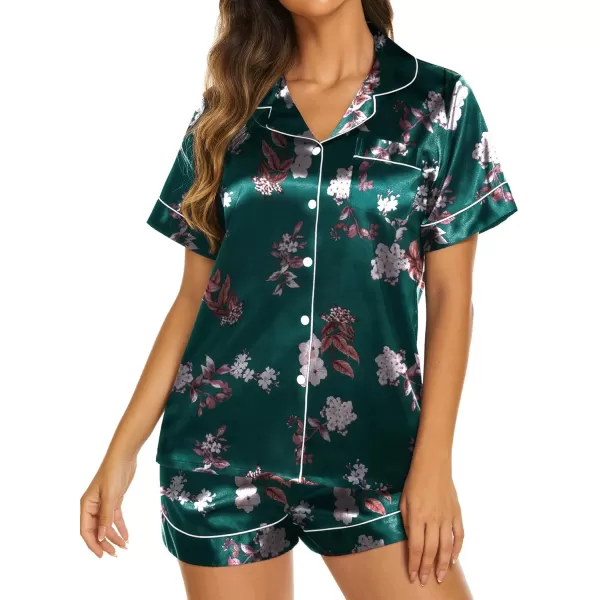 Ekouaer Womens Satin Silk Pajamas Set Short Sleeve Button Down Top and Shorts Sleepwear 2 Piece Pjs Set SXXLFloral Green