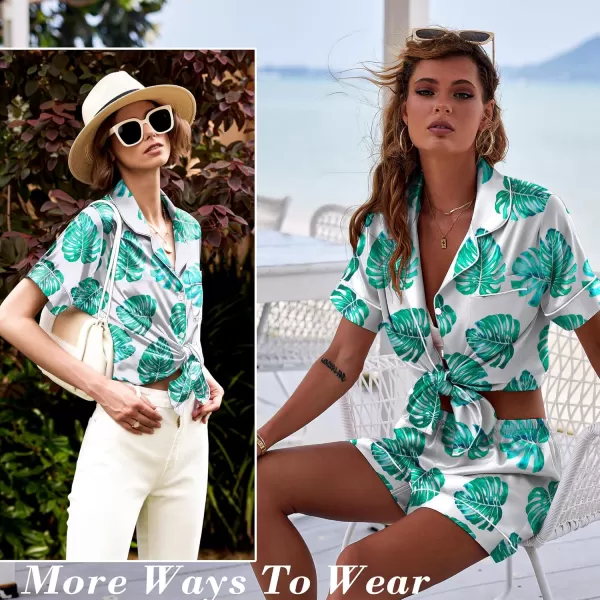 Ekouaer Womens Satin Silk Pajamas Set Short Sleeve Button Down Top and Shorts Sleepwear 2 Piece Pjs Set SXXLFloral Green Leaves