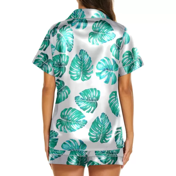 Ekouaer Womens Satin Silk Pajamas Set Short Sleeve Button Down Top and Shorts Sleepwear 2 Piece Pjs Set SXXLFloral Green Leaves