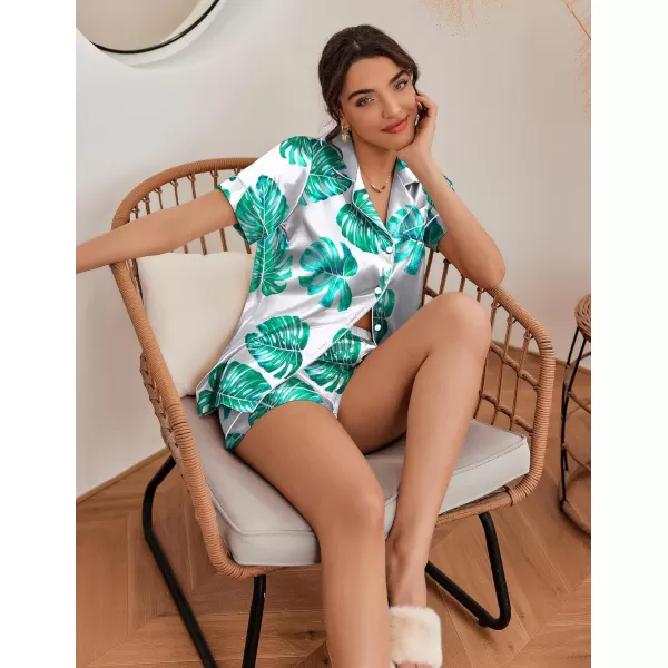Ekouaer Womens Satin Silk Pajamas Set Short Sleeve Button Down Top and Shorts Sleepwear 2 Piece Pjs Set SXXLFloral Green Leaves