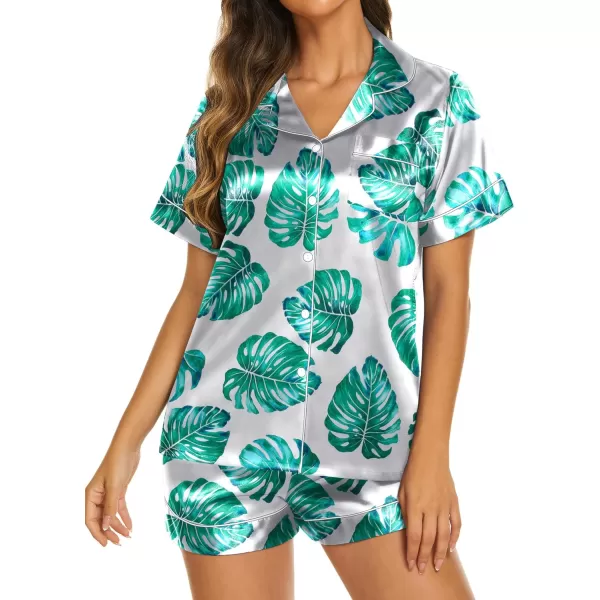Ekouaer Womens Satin Silk Pajamas Set Short Sleeve Button Down Top and Shorts Sleepwear 2 Piece Pjs Set SXXLFloral Green Leaves