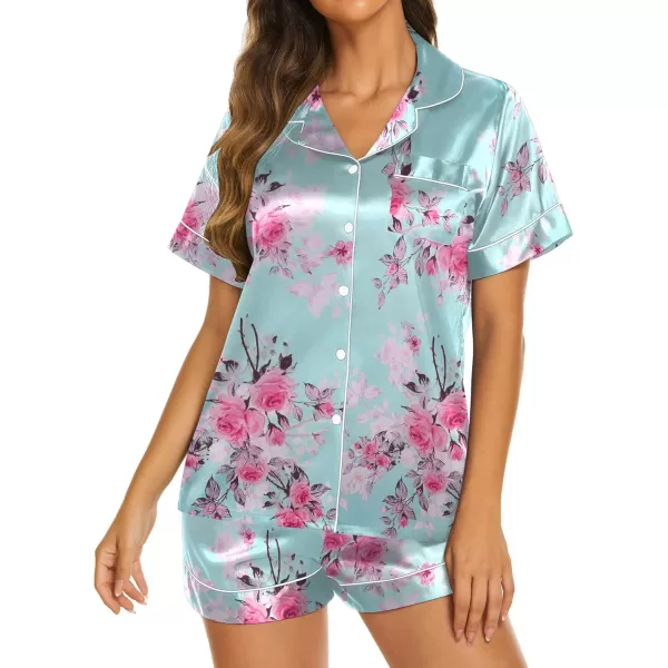 Ekouaer Womens Satin Silk Pajamas Set Short Sleeve Button Down Top and Shorts Sleepwear 2 Piece Pjs Set SXXLFloral Light Green