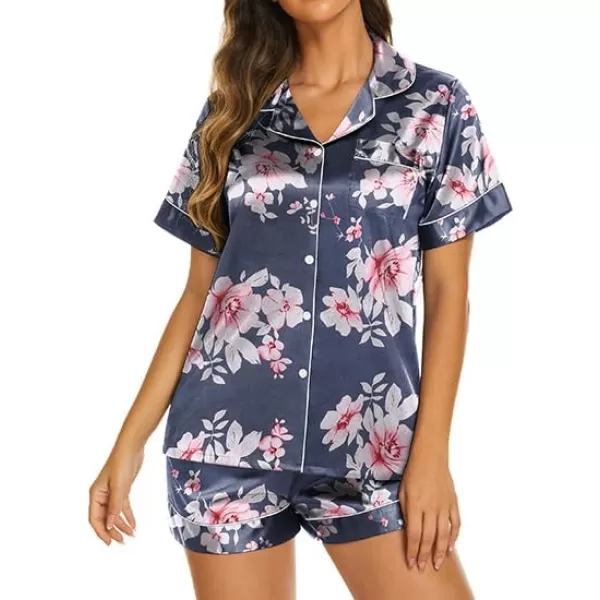 Ekouaer Womens Satin Silk Pajamas Set Short Sleeve Button Down Top and Shorts Sleepwear 2 Piece Pjs Set SXXLFloral Navy Pink