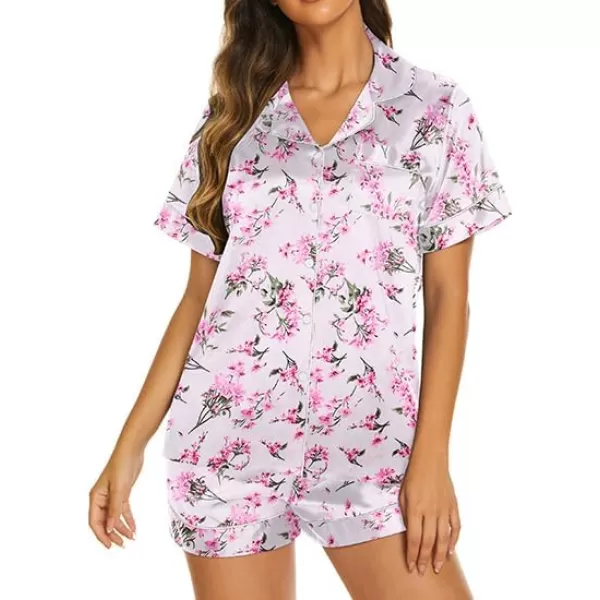 Ekouaer Womens Satin Silk Pajamas Set Short Sleeve Button Down Top and Shorts Sleepwear 2 Piece Pjs Set SXXLFloral White Purple