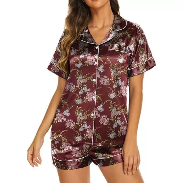 Ekouaer Womens Satin Silk Pajamas Set Short Sleeve Button Down Top and Shorts Sleepwear 2 Piece Pjs Set SXXLFloral Wine