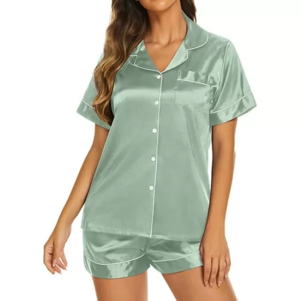 Ekouaer Womens Satin Silk Pajamas Set Short Sleeve Button Down Top and Shorts Sleepwear 2 Piece Pjs Set SXXLIce Green