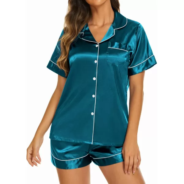 Ekouaer Womens Satin Silk Pajamas Set Short Sleeve Button Down Top and Shorts Sleepwear 2 Piece Pjs Set SXXLLake Blue