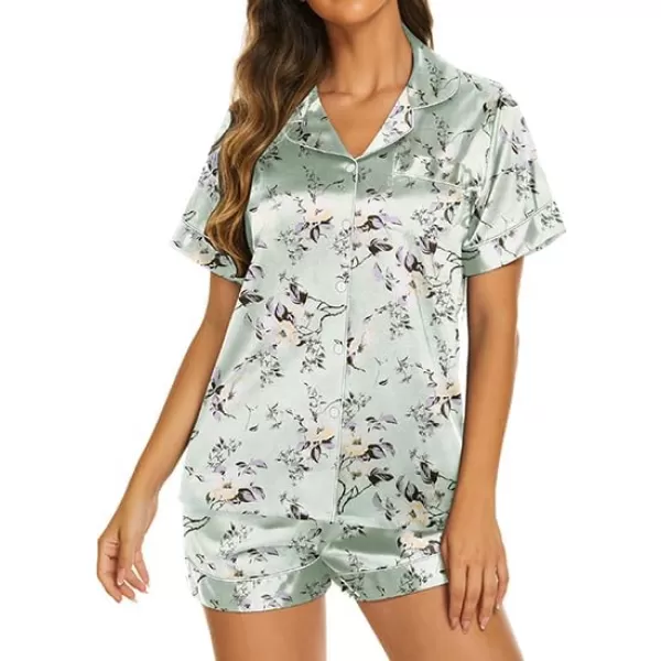 Ekouaer Womens Satin Silk Pajamas Set Short Sleeve Button Down Top and Shorts Sleepwear 2 Piece Pjs Set SXXLLight Green Floral