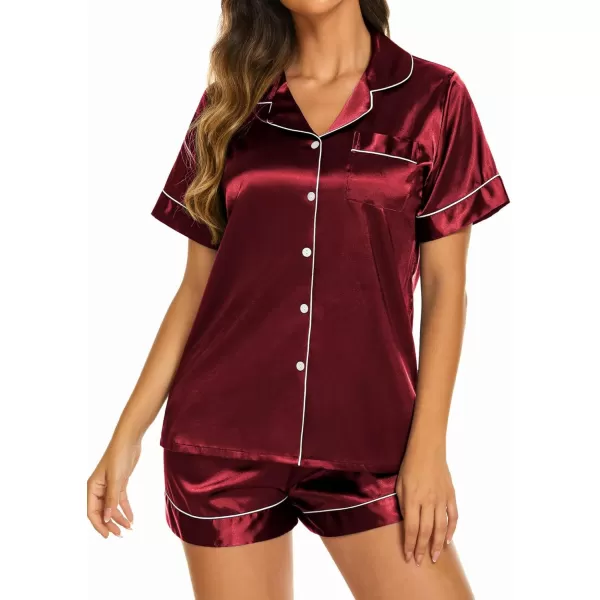 Ekouaer Womens Satin Silk Pajamas Set Short Sleeve Button Down Top and Shorts Sleepwear 2 Piece Pjs Set SXXLWine