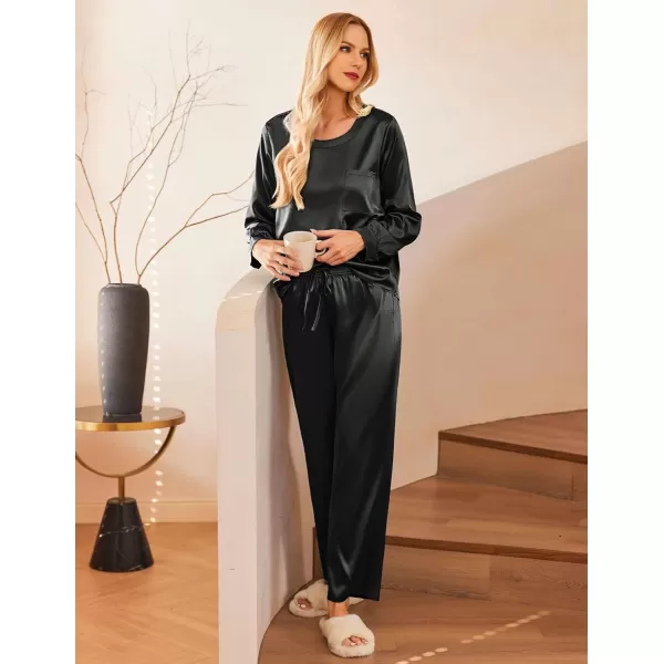 Ekouaer Womens Satin Silky Pajama Set Long Sleeve Top with Long Pajama Pant Set Soft PJ LoungewearBlack