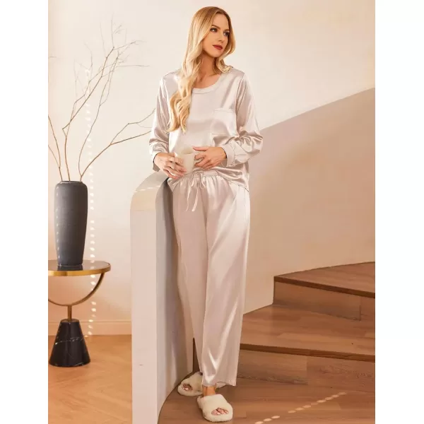 Ekouaer Womens Satin Silky Pajama Set Long Sleeve Top with Long Pajama Pant Set Soft PJ LoungewearChampagne