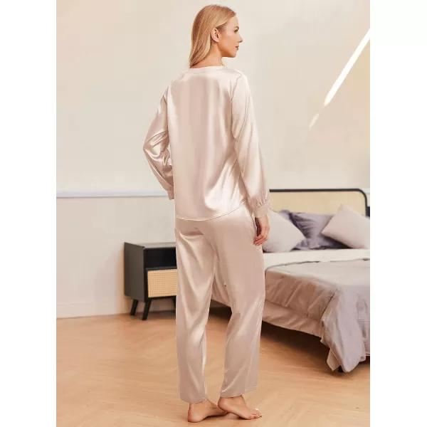 Ekouaer Womens Satin Silky Pajama Set Long Sleeve Top with Long Pajama Pant Set Soft PJ LoungewearChampagne