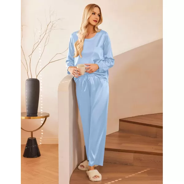 Ekouaer Womens Satin Silky Pajama Set Long Sleeve Top with Long Pajama Pant Set Soft PJ LoungewearClear Blue