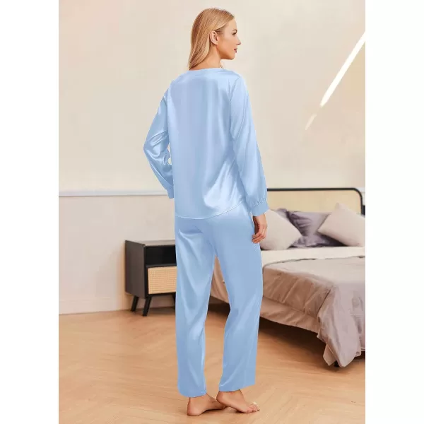 Ekouaer Womens Satin Silky Pajama Set Long Sleeve Top with Long Pajama Pant Set Soft PJ LoungewearClear Blue