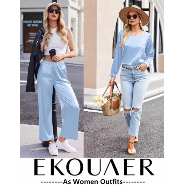 Ekouaer Womens Satin Silky Pajama Set Long Sleeve Top with Long Pajama Pant Set Soft PJ LoungewearClear Blue