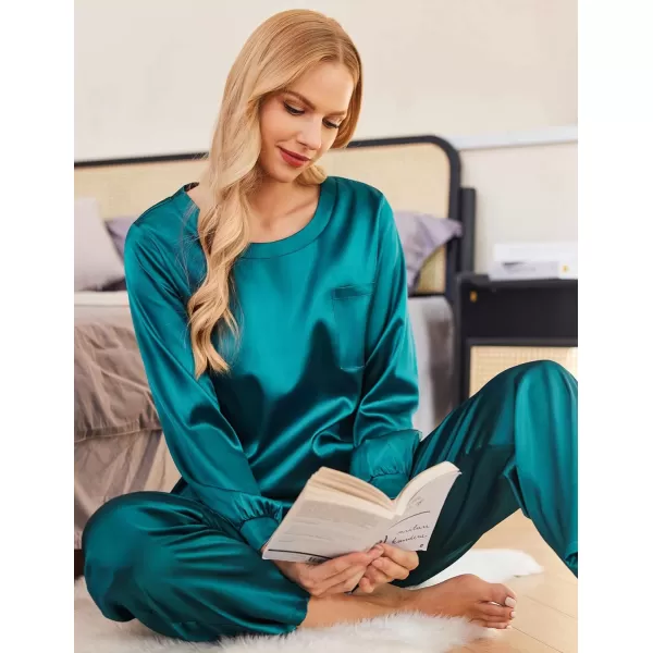 Ekouaer Womens Satin Silky Pajama Set Long Sleeve Top with Long Pajama Pant Set Soft PJ LoungewearGreen