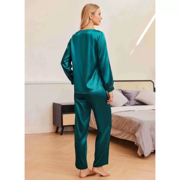 Ekouaer Womens Satin Silky Pajama Set Long Sleeve Top with Long Pajama Pant Set Soft PJ LoungewearGreen