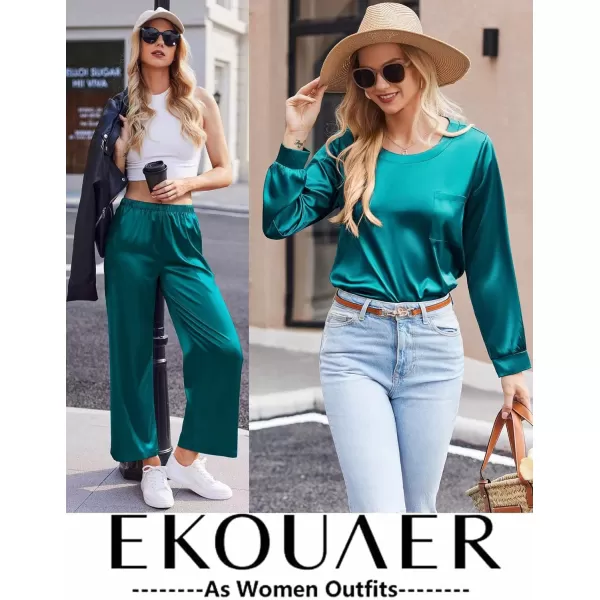 Ekouaer Womens Satin Silky Pajama Set Long Sleeve Top with Long Pajama Pant Set Soft PJ LoungewearGreen