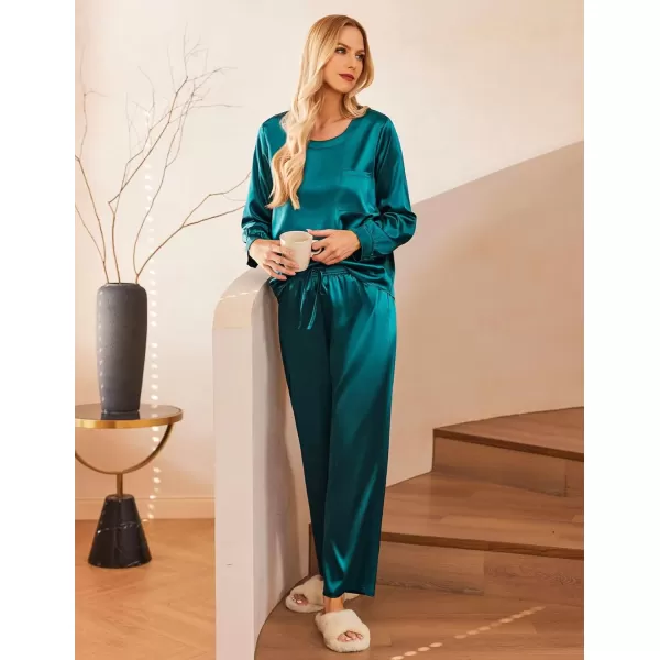 Ekouaer Womens Satin Silky Pajama Set Long Sleeve Top with Long Pajama Pant Set Soft PJ LoungewearGreen