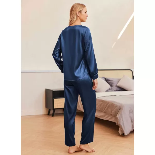 Ekouaer Womens Satin Silky Pajama Set Long Sleeve Top with Long Pajama Pant Set Soft PJ LoungewearNavy Blue
