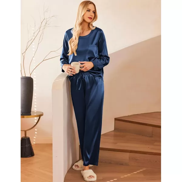 Ekouaer Womens Satin Silky Pajama Set Long Sleeve Top with Long Pajama Pant Set Soft PJ LoungewearNavy Blue