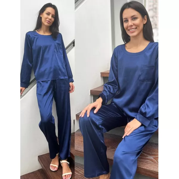 Ekouaer Womens Satin Silky Pajama Set Long Sleeve Top with Long Pajama Pant Set Soft PJ LoungewearNavy Blue