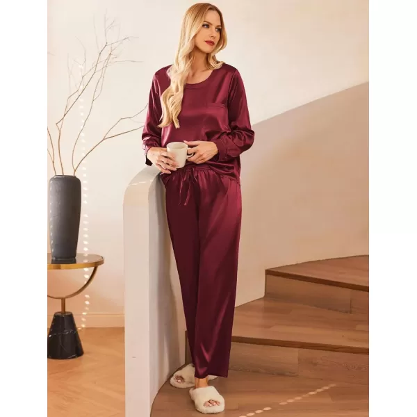 Ekouaer Womens Satin Silky Pajama Set Long Sleeve Top with Long Pajama Pant Set Soft PJ LoungewearWine Red