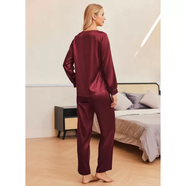 Ekouaer Womens Satin Silky Pajama Set Long Sleeve Top with Long Pajama Pant Set Soft PJ LoungewearWine Red