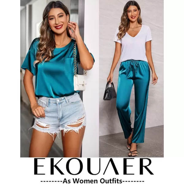 Ekouaer Womens Satin Silky Pajama Set Short Sleeve Shirt with Long Pajama Pant Set Soft PJ Loungewear01 Green