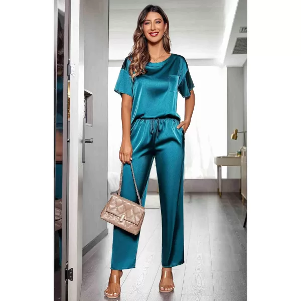 Ekouaer Womens Satin Silky Pajama Set Short Sleeve Shirt with Long Pajama Pant Set Soft PJ Loungewear01 Green