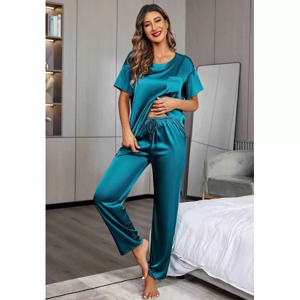Ekouaer Womens Satin Silky Pajama Set Short Sleeve Shirt with Long Pajama Pant Set Soft PJ Loungewear01 Green